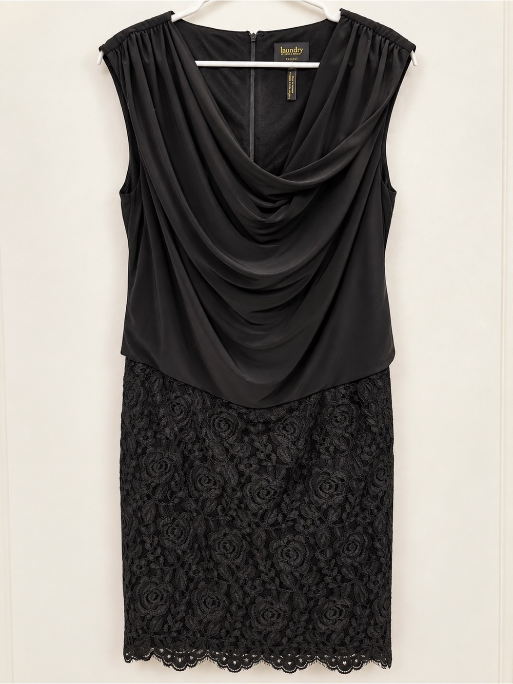 Laundry By Shelli Segal Black Draped Cowl Lace Midi Dress